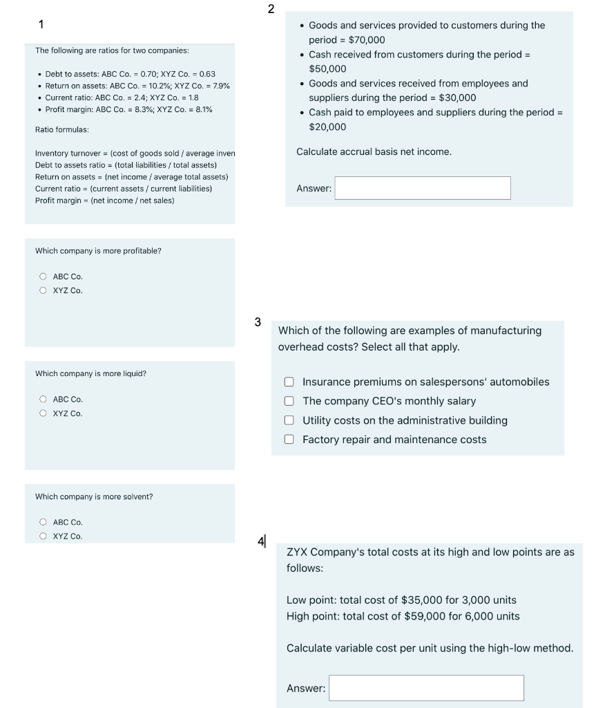 please help!! 1 - Goods and services provided to customers during the