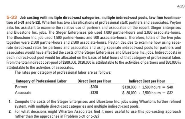  ASS 5-33 Job costing with multiple direct-cost categories, multiple indirect-cost pools,