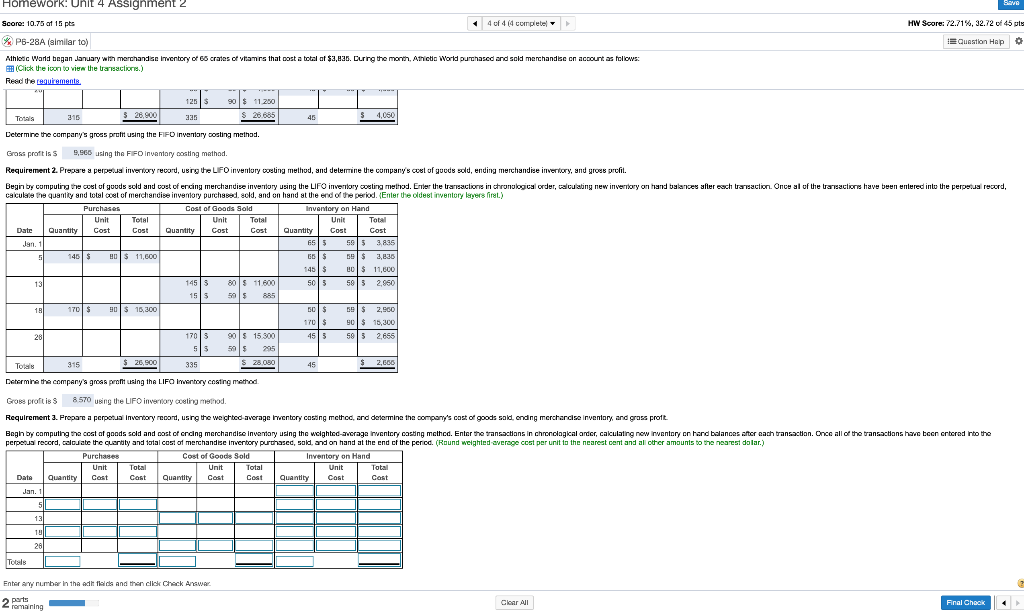 the cost of goods sold and cost of ending merchandise inventory using