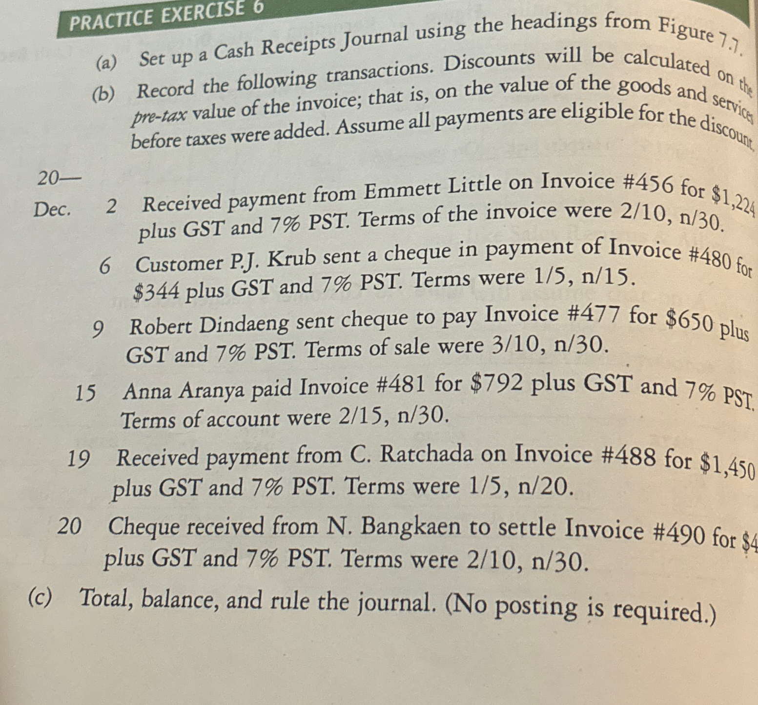 PRACTICE EXERCISE 6 (a) Set up a Cash Receipts Journal using
