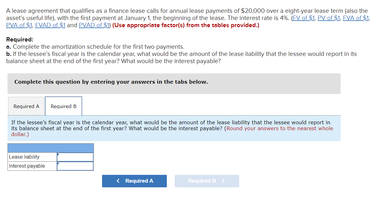 finance lease calls for annual lease payments of $20,000 over a eight-year