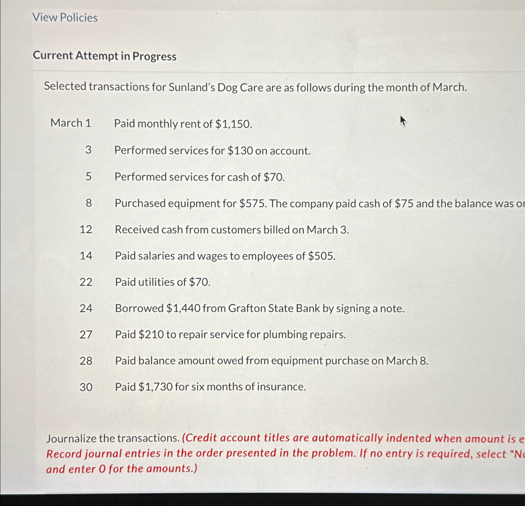  View Policies Current Attempt in Progress Selected transactions for Sunland's Dog