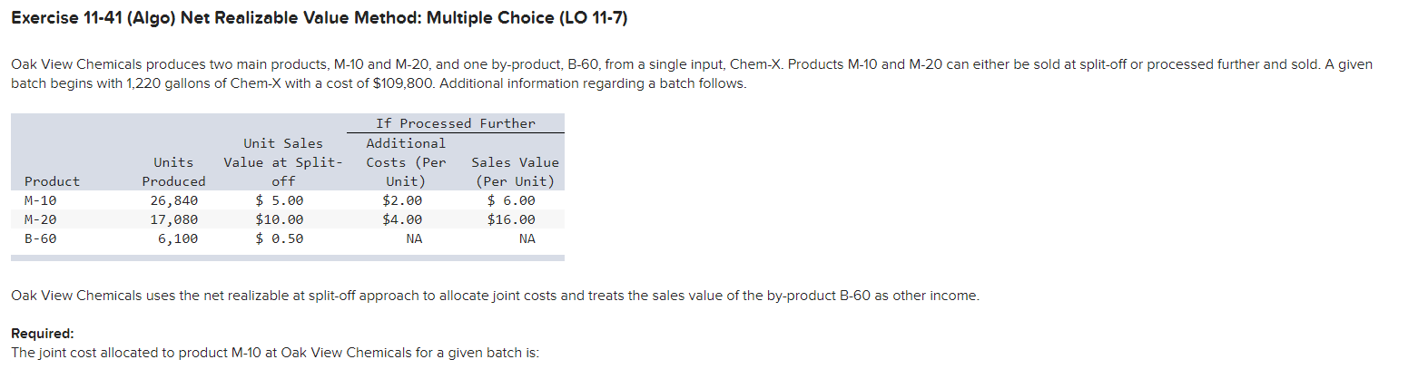  Exercise 11-41 (Algo) Net Realizable Value Method: Multiple Choice (LO 11-7)