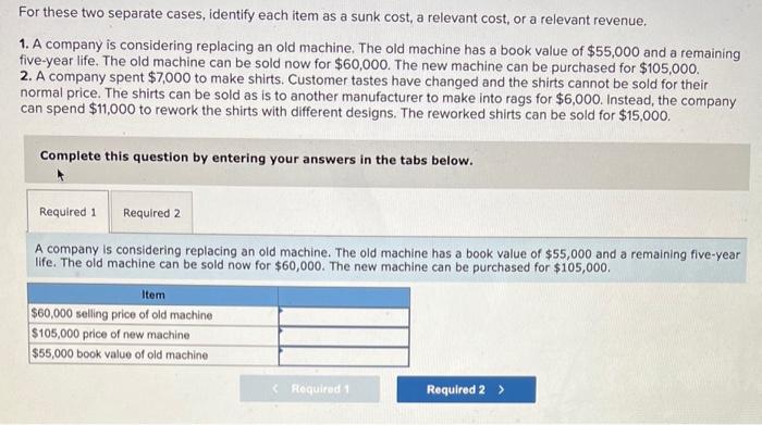  For these two separate cases, identify each item as a sunk