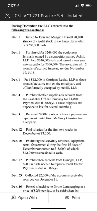 2019 Practice Set On December 1, 2018, John and Maggie Driscoll formed