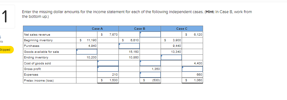 Enter the missing dollar amounts for the Income statement for each