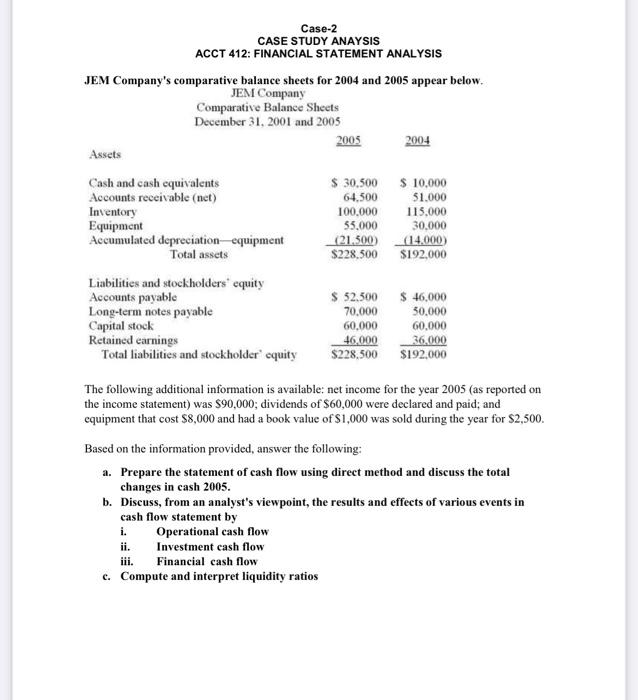  Case-2 CASE STUDY ANAYSIS ACCT 412: FINANCIAL STATEMENT ANALYSIS JEM Company's