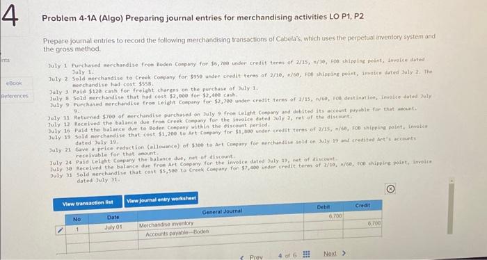 make jounral entries Problem 4-1A (Algo) Preparing journal entries for merchandising activities