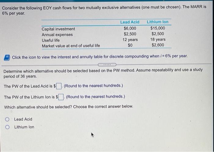  Consider the following EOY cash flows for two mutually exclusive alternatives