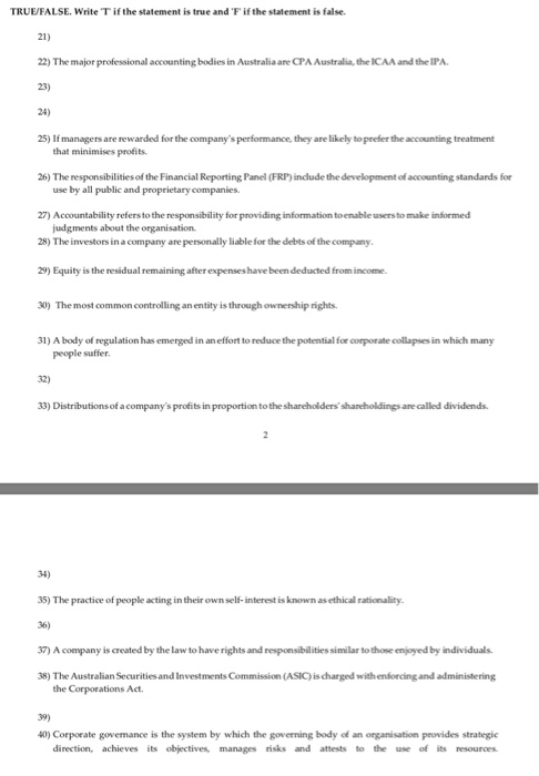  TRUE/FALSE. Write T if the statement is true and 'F if