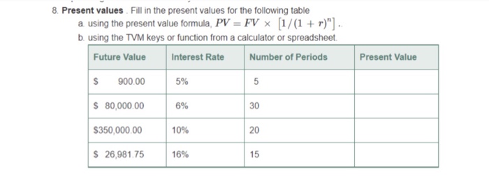  8. Present values Fill in the present values for the following