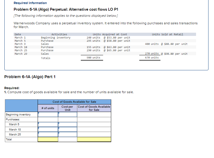 Required Information Problem 6-1A (Algo) Perpetual: Alternative cost flows LO P1