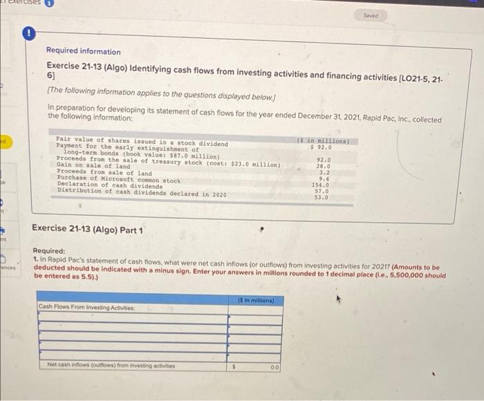  Saved Required information Exercise 21-13 (Algo) Identifying cash flows from investing