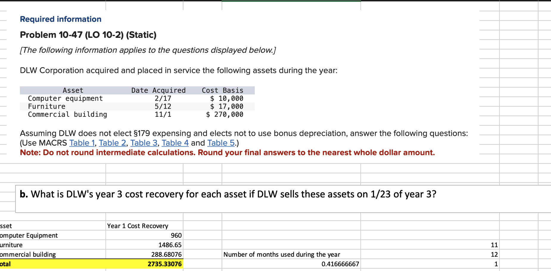 Show answer to math Problem 10-47 (LO 10-2) (Static) [The following information