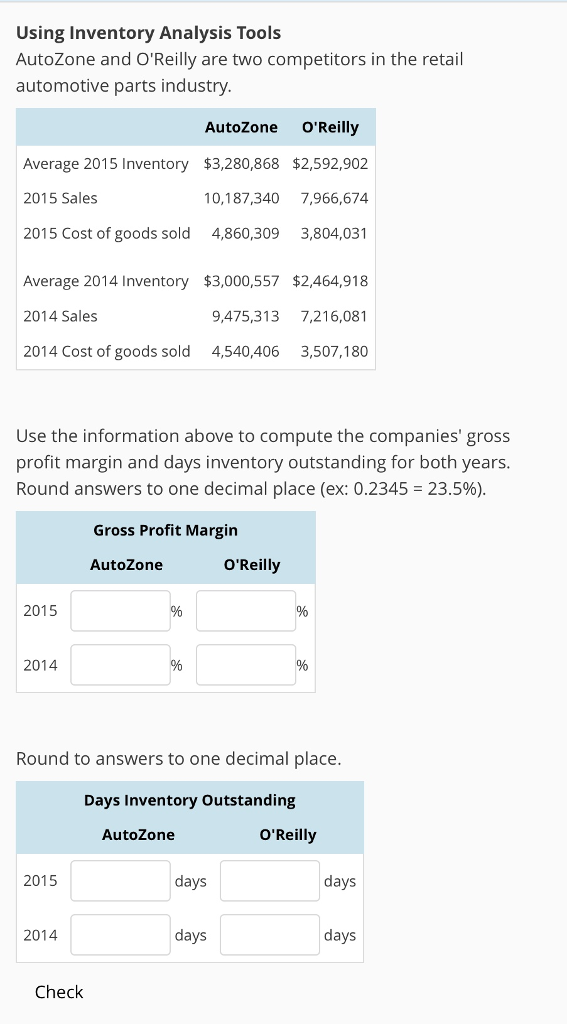  Using Inventory Analysis Tools AutoZone and O'Reilly are two competitors in
