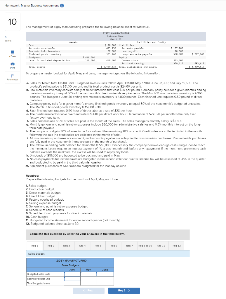 Homework: Master Budgets Assignment i 10 6 points eBook Print References