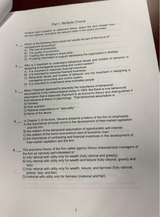  2. 3. 4. 5. Part I. Multiple Choice Analyze each question