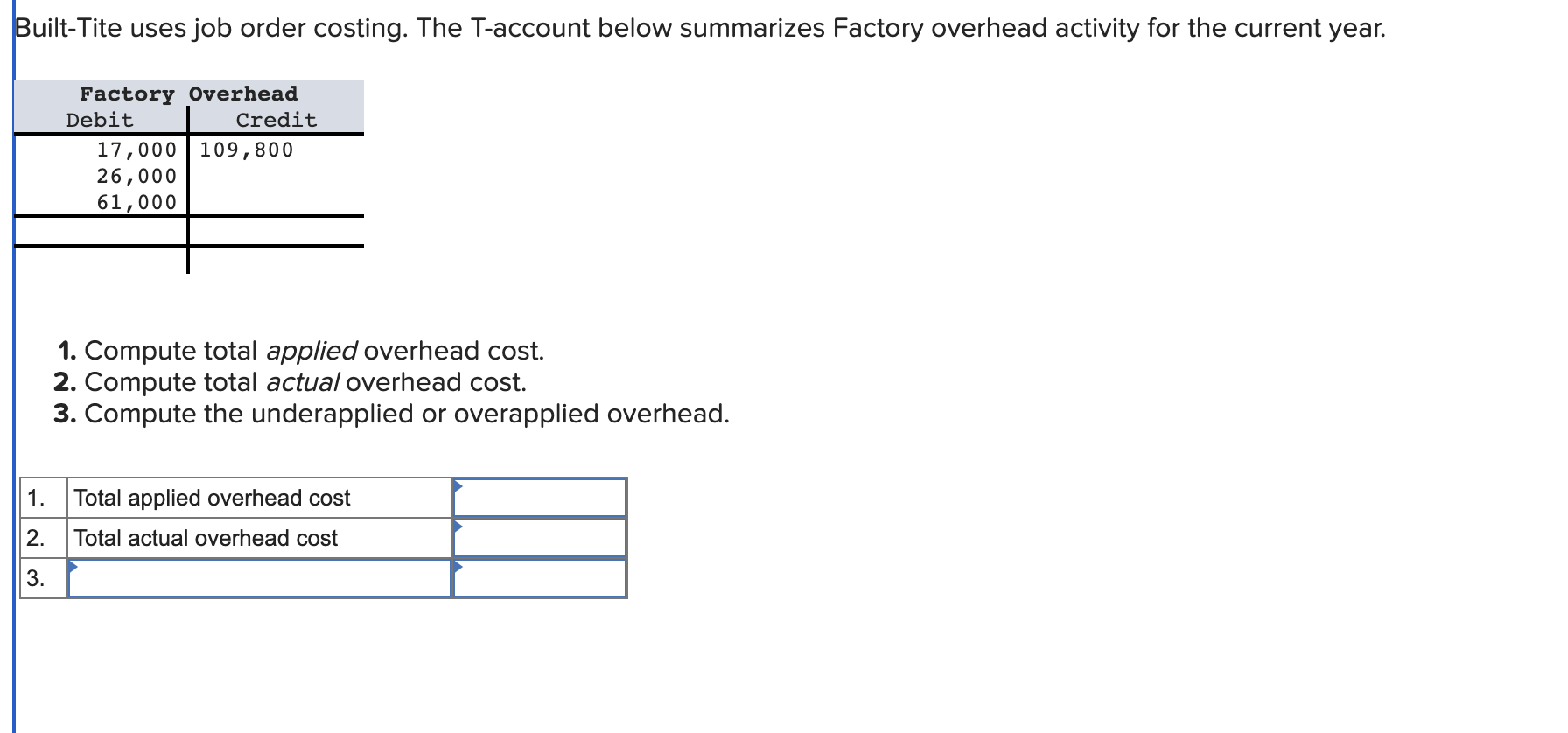  1. Compute total applied overhead cost. 2. Compute total actual overhead