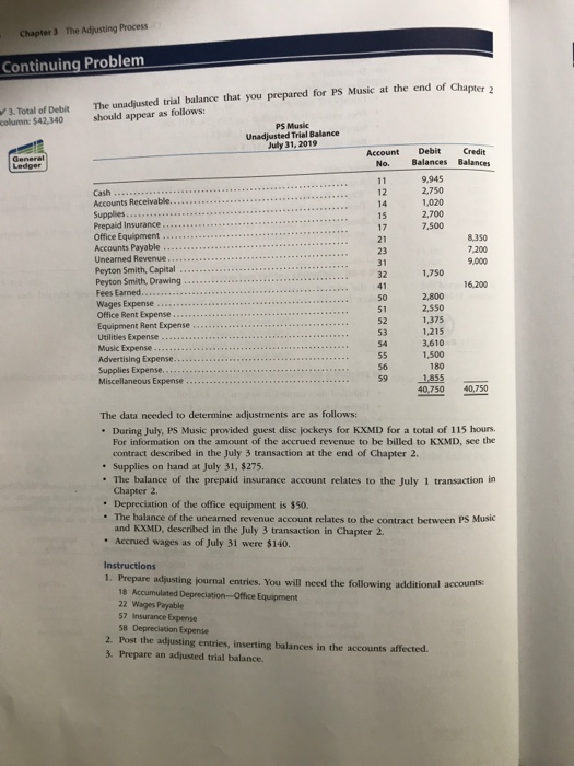  Chapter 3 The Adjusting Process Continuing Problem The unad usted trial