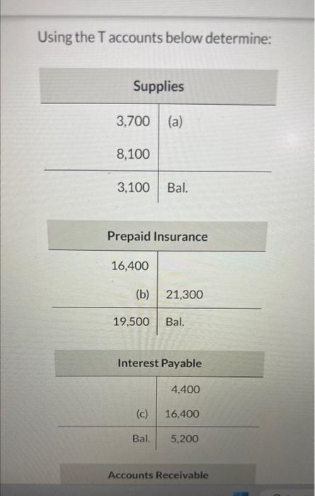  Using the T accounts below determine