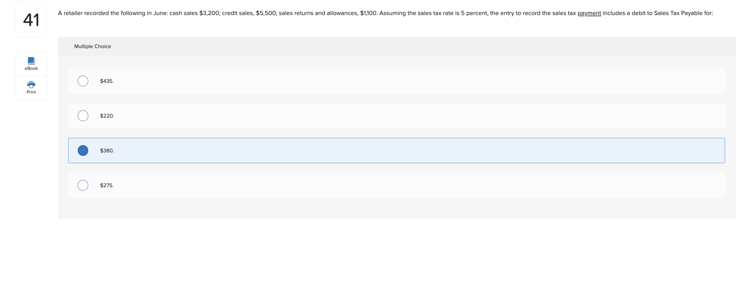  Multiple Choice $435. $220. $380. $275