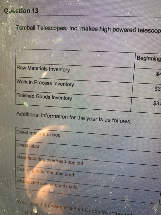  Question 13 Tomball Telescopes, Inc. makes high powered telescop Beginning Raw