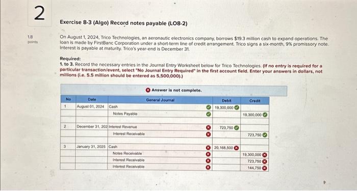  Exercise 8-3 (Algo) Record notes payable (LO8-2) On August 1, 2024,