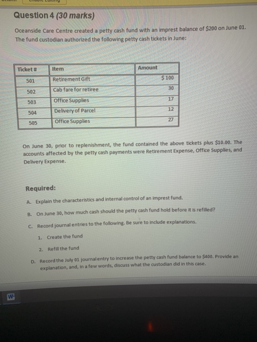  Question 4 (30 marks) Oceanside Care Centre created a petty cash