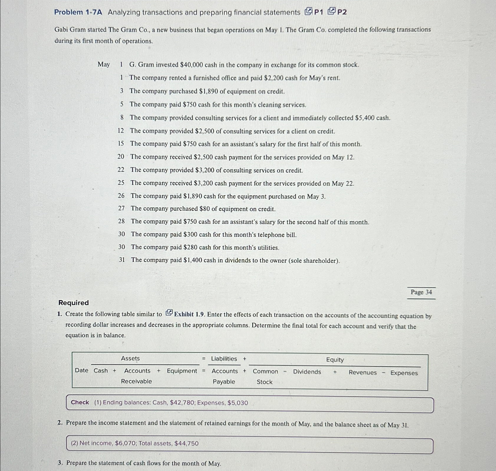  Problem 1-7A Analyzing transactions and preparing financial statements P1 P2 Gabi