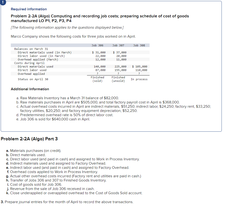  Required information Problem 2-2A (Algo) Computing and recording job costs; preparing