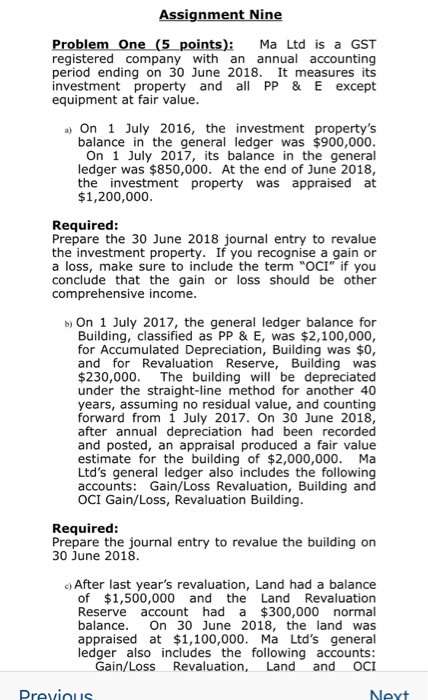  gst is 15 Assignment Nine Problem One (5 points): Ma Ltd