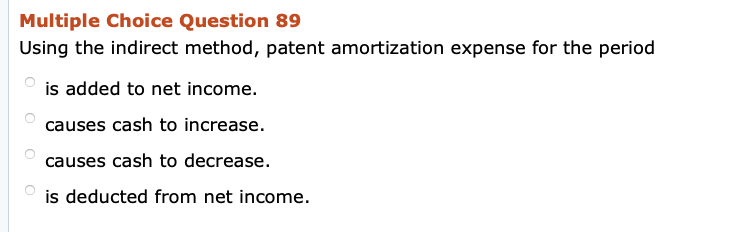  Multiple Choice Question 89 Using the indirect method, patent amortization expense