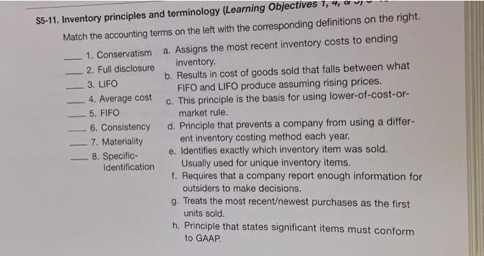  S5-11. Inventory principles and terminology (Learning Objectives 7, 4, Match the