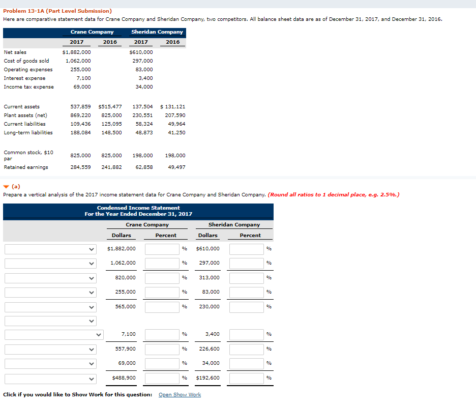  Problem 13-1A (Part Level Submission) Here are comparative statement data for