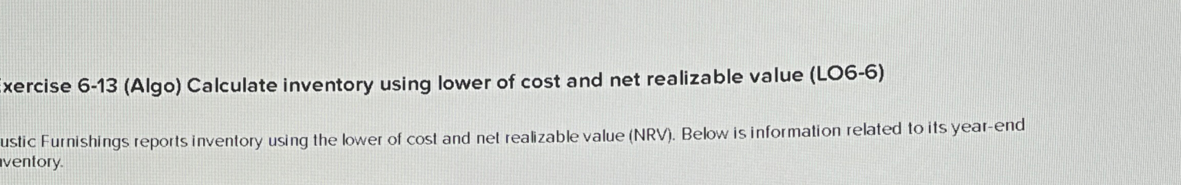  xercise 6-13(Algo) Calculate inventory using lower of cost and net realizable