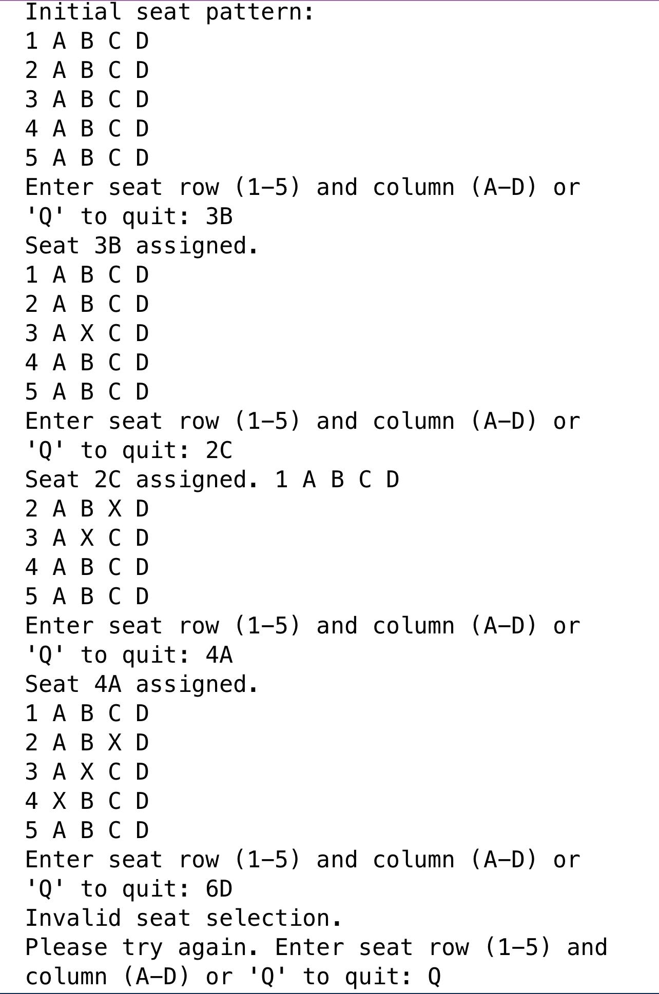  Initial seat pattern: 1 A B C D 2 A B