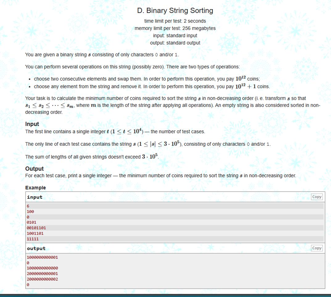  D. Binary String Sorting time limit per test 2 seconds memory