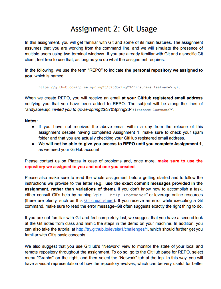  Assignment 2: Git Usage In this assignment, you will get familiar