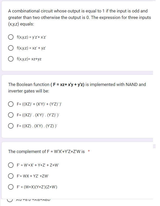  A combinational circuit whose output is equal to 1 if the