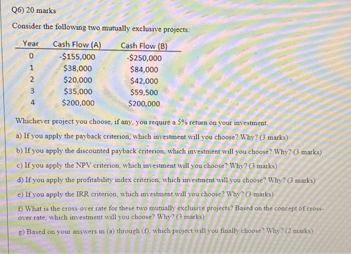  (6) 20 marks Consider the following two mutually exclusive projects: Year