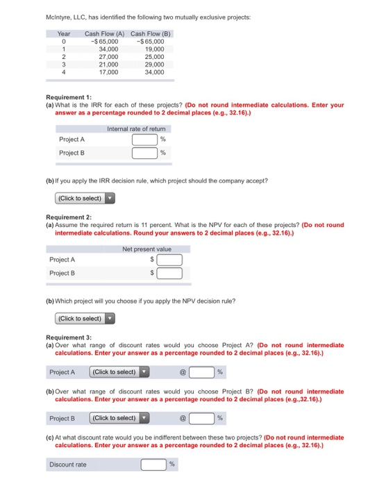  McIntyre, LLC, has identified the following two mutually exclusive projects Year