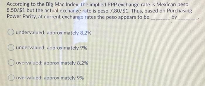  According to the Big Mac Index, the implied PPP exchange rate