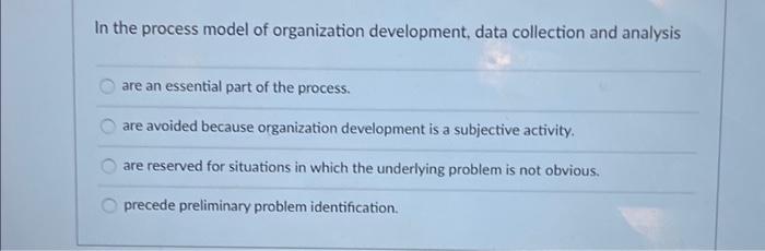  In the process model of organization development, data collection and analysis