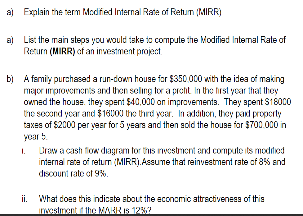  a) Explain the term Modified Internal Rate of Return (MIRR) List