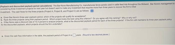 using the data table, please answer questions A through C (Payback and