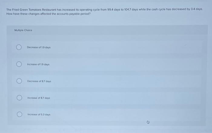  The Fried Green Tomatoes Restaurant has increased its operating cycle from