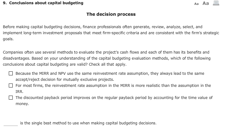 9. Conclusions about capital budgeting Aa AaE The decision process Before