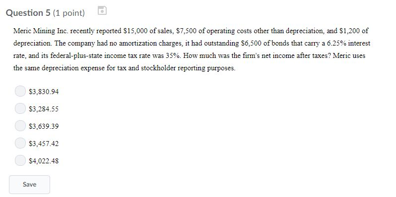 Question 5 (1 point) Meric Mining Inc. recently reported $15,000 of