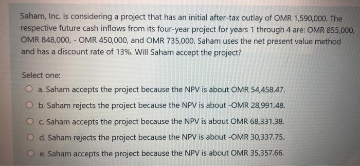  Saham, Inc. is considering a project that has an initial after-tax