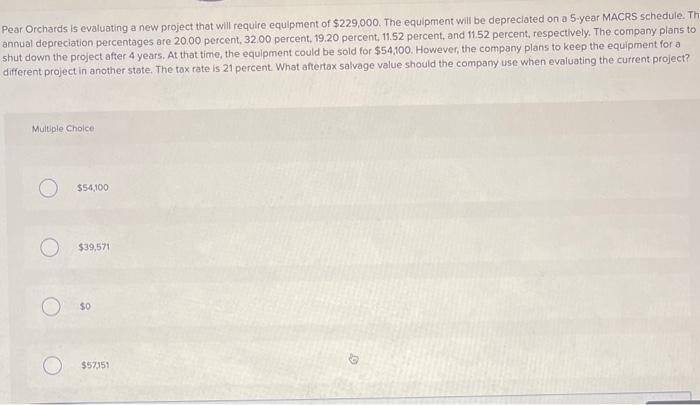  Pear Orchards is evaluating a new project that will require equipment